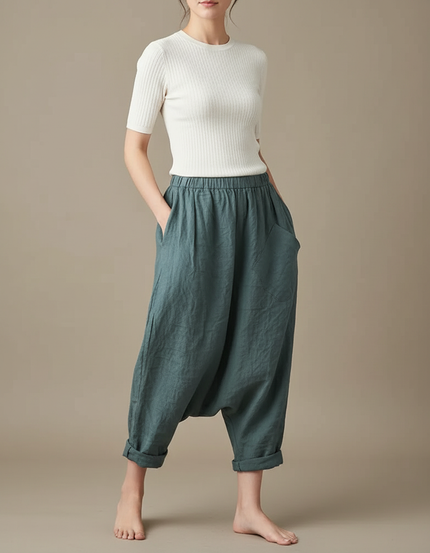 Pantalon Parachute Lin Vert Ample Sarouel Vintage
