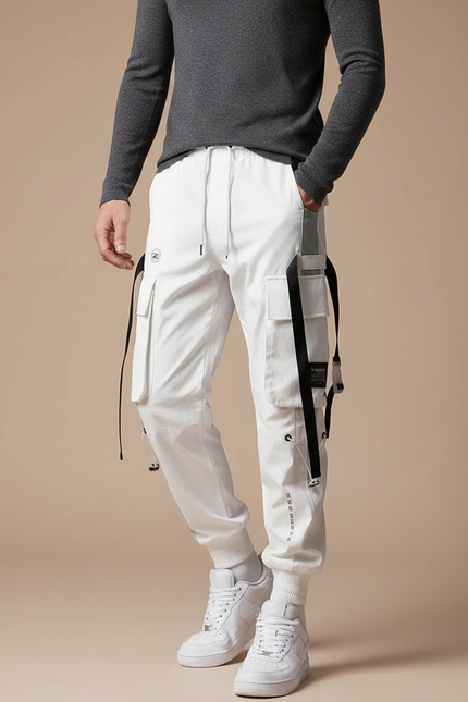Pantalon Parachute Blanc Cargo Ample Techwear Homme - Toile