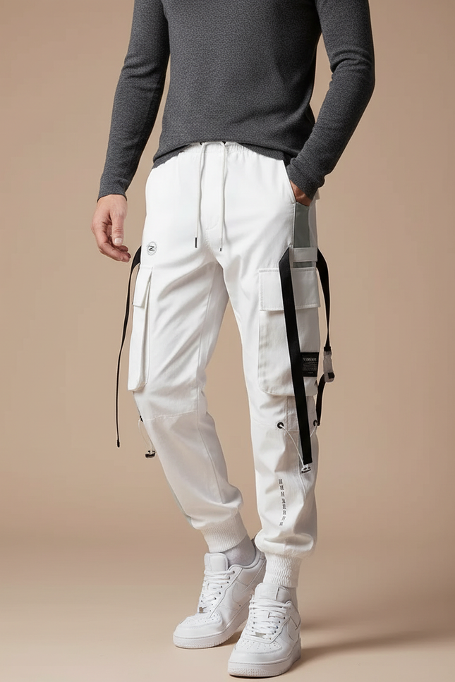 Pantalon Parachute Blanc Cargo Ample Techwear Homme - Toile