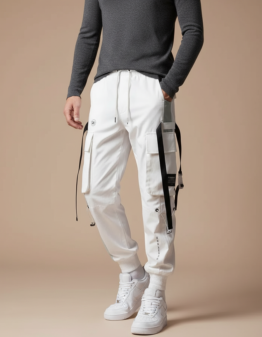 Pantalon Parachute Blanc Cargo Ample Techwear Homme - Toile