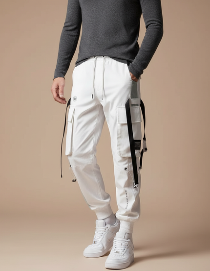 Pantalon Parachute Blanc Cargo Ample Techwear Homme - Toile
