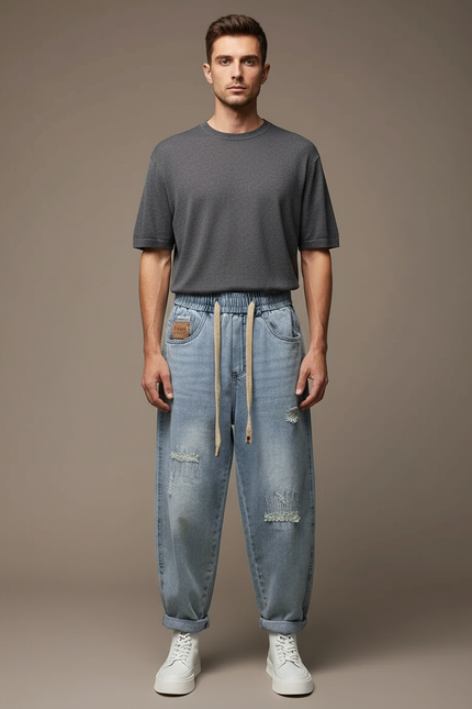 Pantalon Parachute Homme Denim Ample Délavé Déchiré Cordon - Bleu Jean