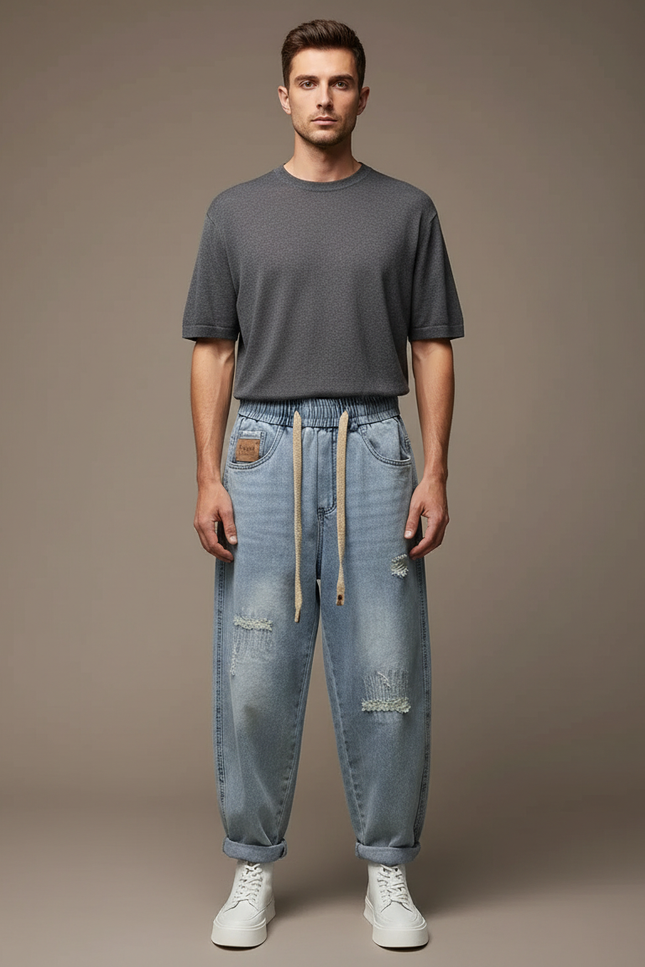 Pantalon Parachute Homme Denim Ample Délavé Déchiré Cordon - Bleu Jean