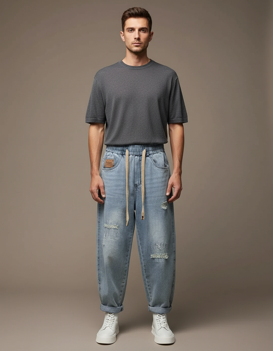 Pantalon Parachute Homme Denim Ample Délavé Déchiré Cordon - Bleu Jean