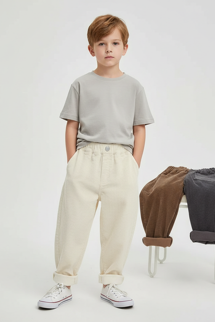 Pantalon Parachute Crème Côtelé Ample Décontracté Enfant - Beige Cordé