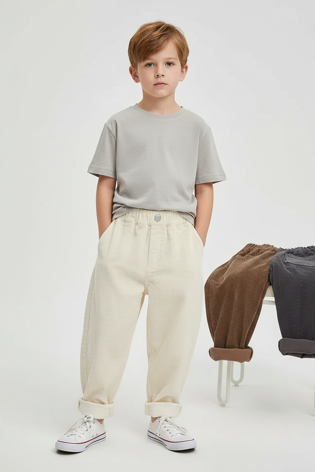 Pantalon Parachute Crème Côtelé Ample Décontracté Enfant - Beige Cordé