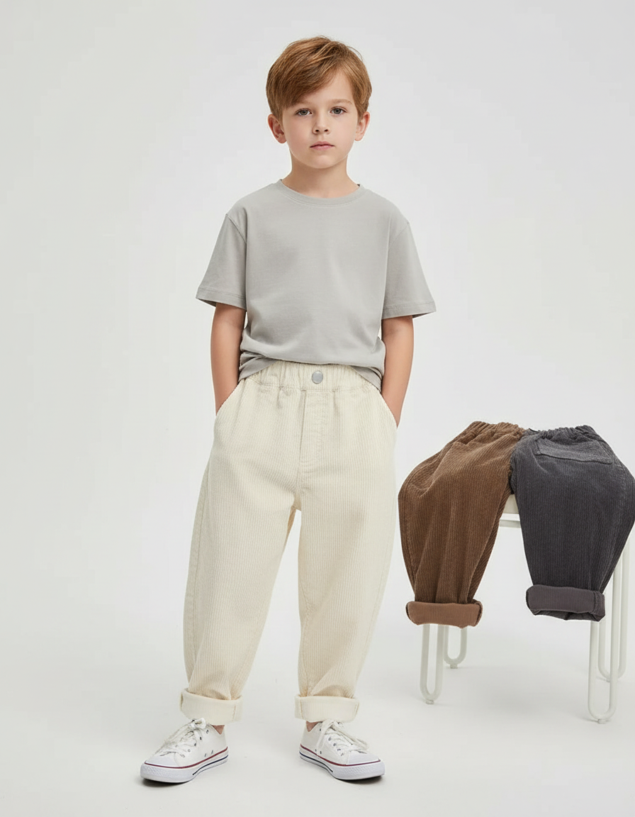 Pantalon Parachute Crème Côtelé Ample Décontracté Enfant - Beige Cordé