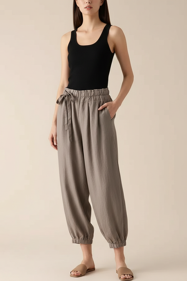 Pantalon Parachute Lin Ample Gris Décontracté Fluide