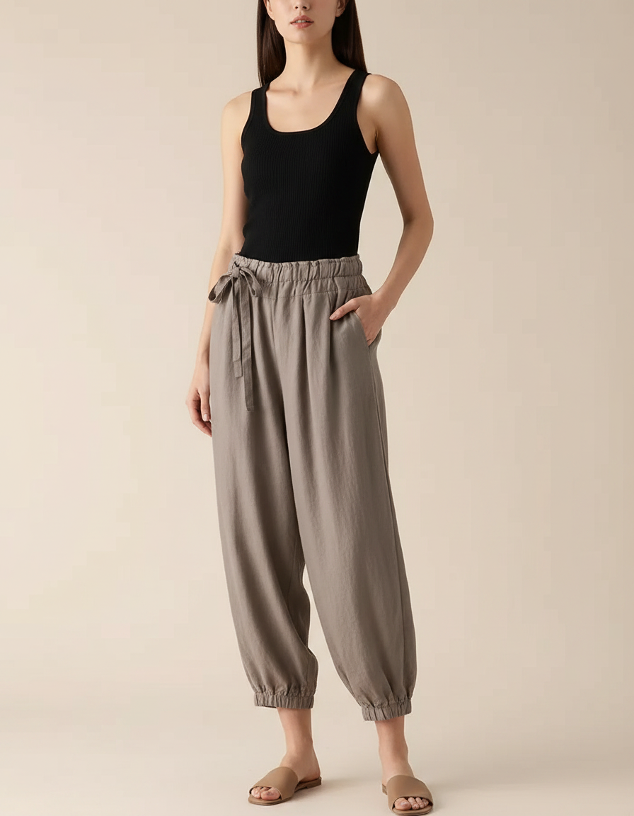 Pantalon Parachute Lin Ample Gris Décontracté Fluide