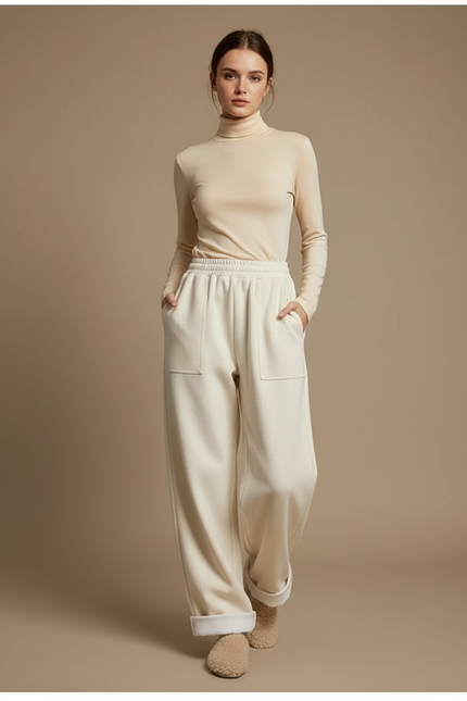 Pantalon Parachute Crème Laine Ample Droit Doux - Beige
