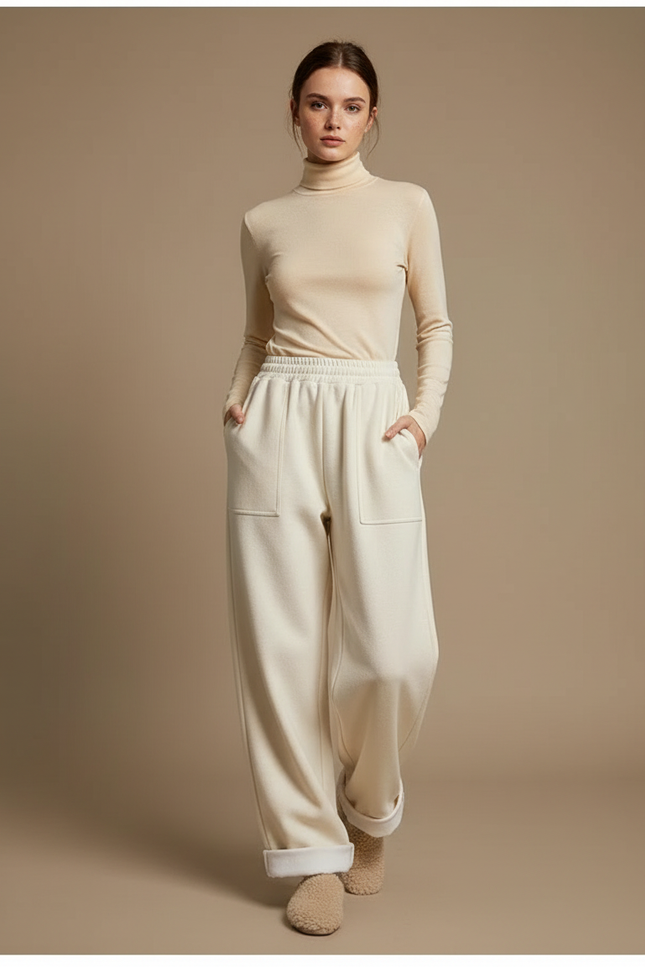 Pantalon Parachute Crème Laine Ample Droit Doux - Beige