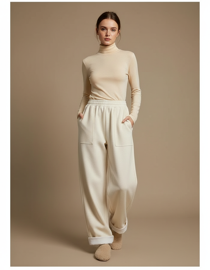 Pantalon Parachute Crème Laine Ample Droit Doux - Beige
