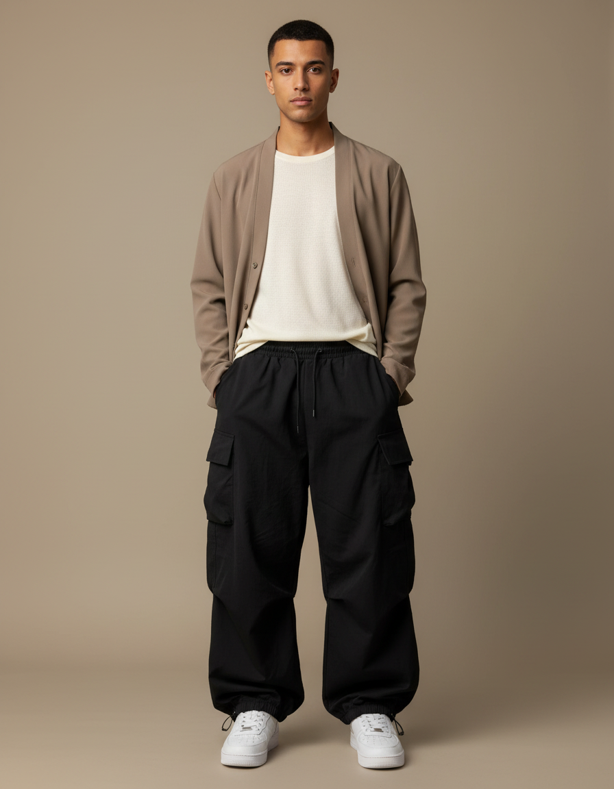 Pantalon Parachute Cargo - Noir Polyester
