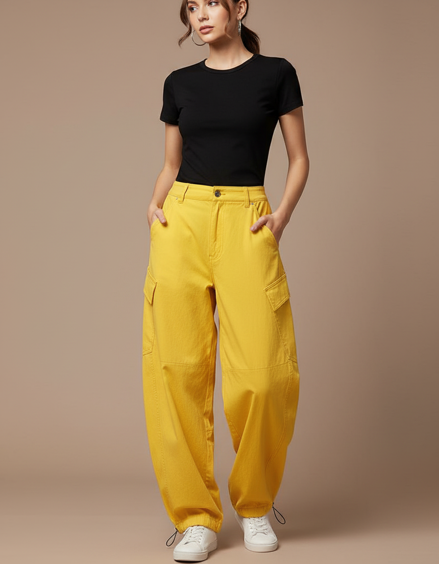 Pantalon Parachute Jaune Cargo Ample Femme Décontracté - Toile