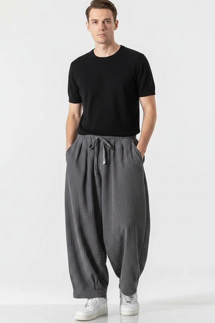 Pantalon Parachute Côtelé Gris Ample Décontracté Homme - Cordé