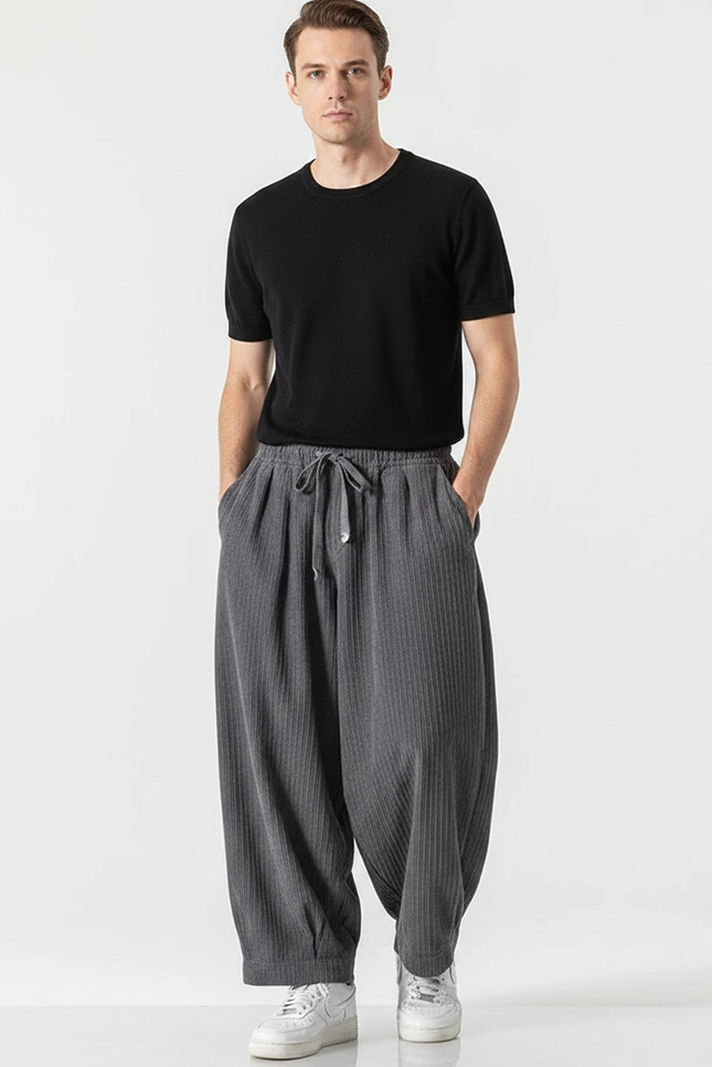 Pantalon Parachute Côtelé Gris Ample Décontracté Homme - Cordé