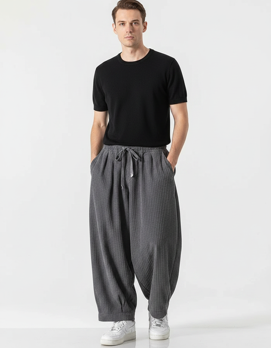 Pantalon Parachute Côtelé Gris Ample Décontracté Homme - Cordé