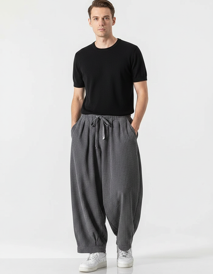 Pantalon Parachute Côtelé Gris Ample Décontracté Homme - Cordé