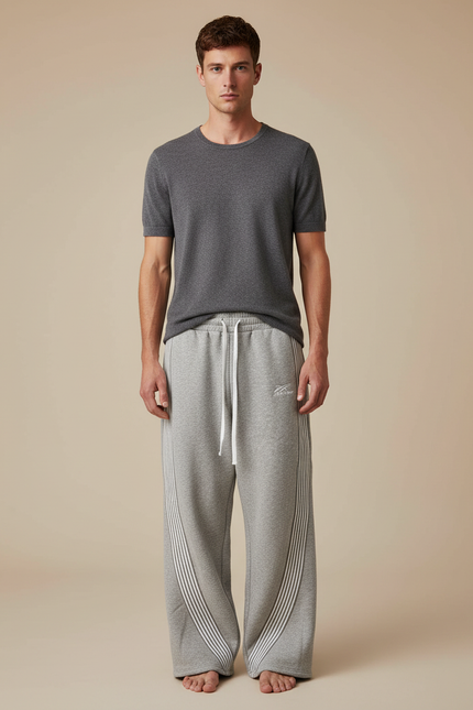 Pantalon Parachute Gris Ample Molleton Rayures Homme