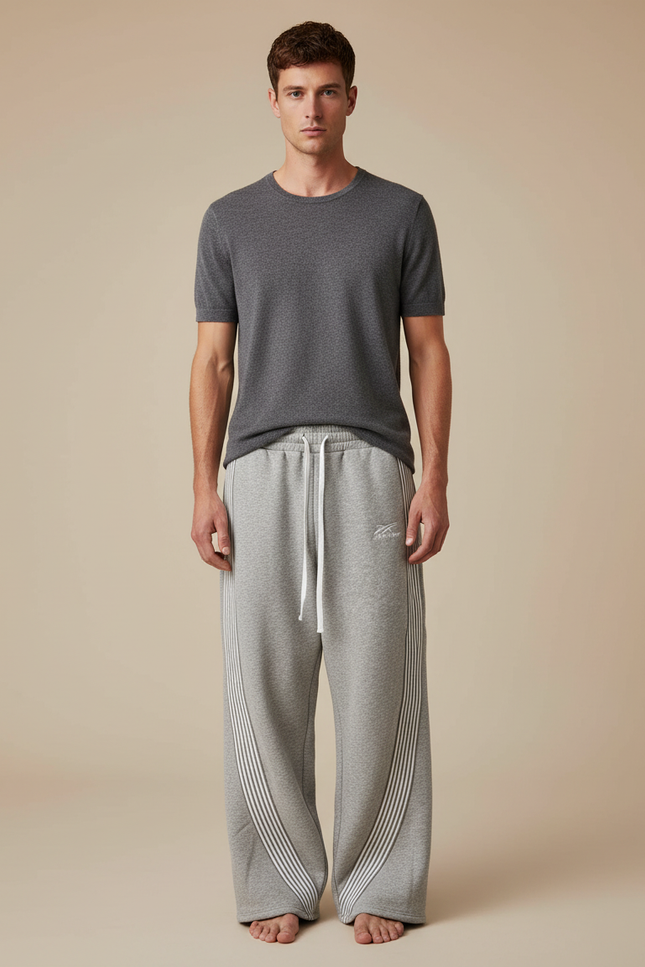 Pantalon Parachute Gris Ample Molleton Rayures Homme