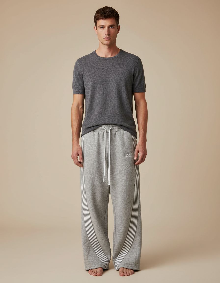 Pantalon Parachute Gris Ample Molleton Rayures Homme
