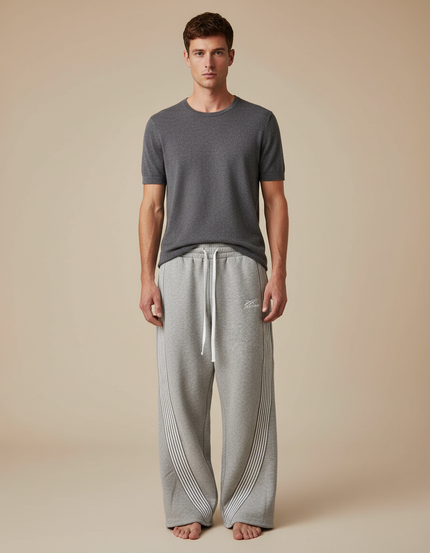 Pantalon Parachute Gris Ample Molleton Rayures Homme