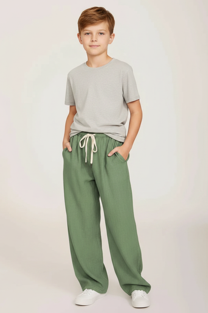 Pantalon Parachute Vert Ample Lin Décontracté Garçon