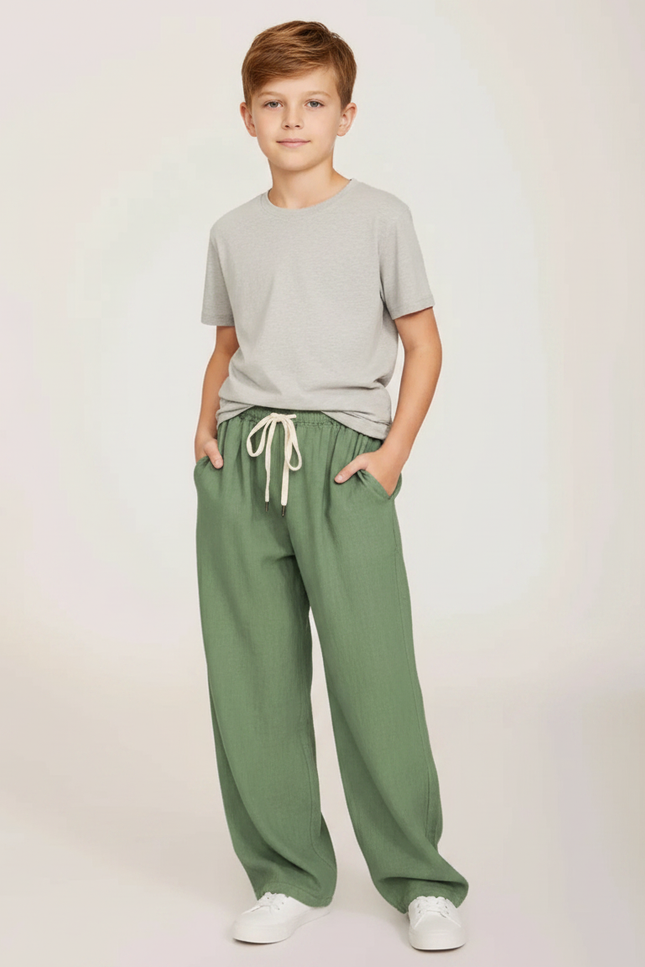Pantalon Parachute Vert Ample Lin Décontracté Garçon