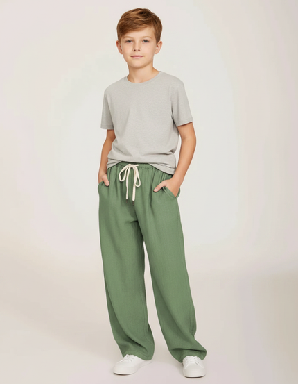 Pantalon Parachute Vert Ample Lin Décontracté Garçon