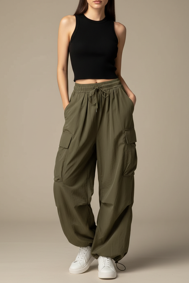 Pantalon Parachute Kaki Cargo Femme Ample Fluide - Polyester