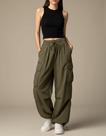 Pantalon Parachute Kaki Cargo Femme Ample Fluide - Polyester