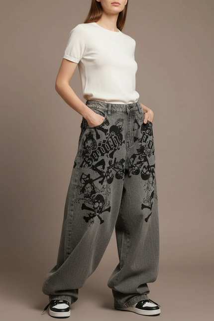 Pantalon Parachute Gris Imprimé Crânes Ample Streetwear - Jean