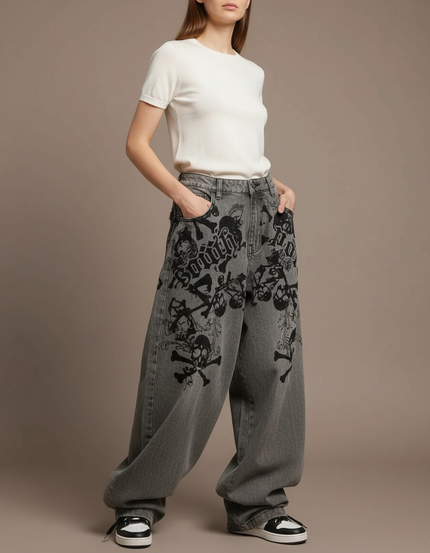 Pantalon Parachute Gris Imprimé Crânes Ample Streetwear - Jean