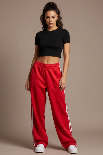 Pantalon Parachute Rouge Ample Rayures Sport Femme - Polyester