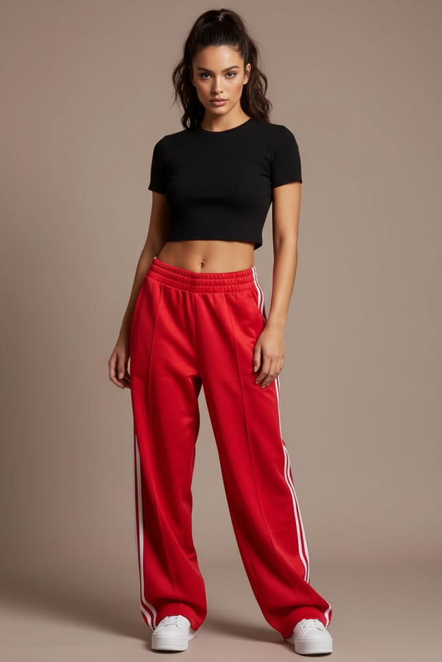 Pantalon Parachute Rouge Ample Rayures Sport Femme - Polyester