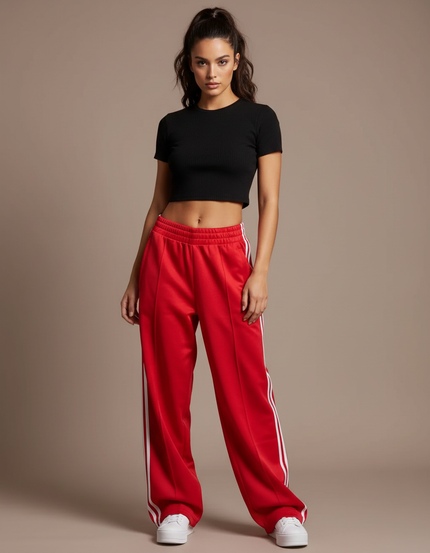 Pantalon Parachute Rouge Ample Rayures Sport Femme - Polyester
