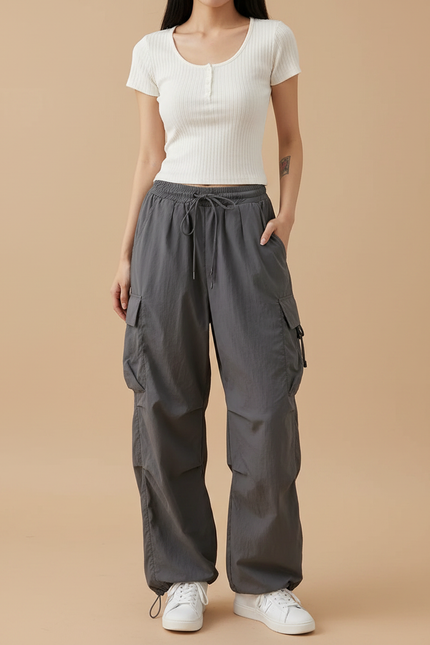 Pantalon Parachute Gris Femme Ample Cargo Streetwear - Polyester