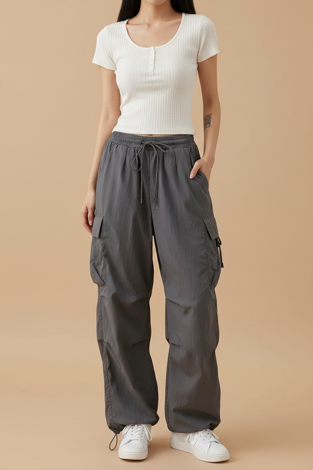 Pantalon Parachute Gris Femme Ample Cargo Streetwear - Polyester