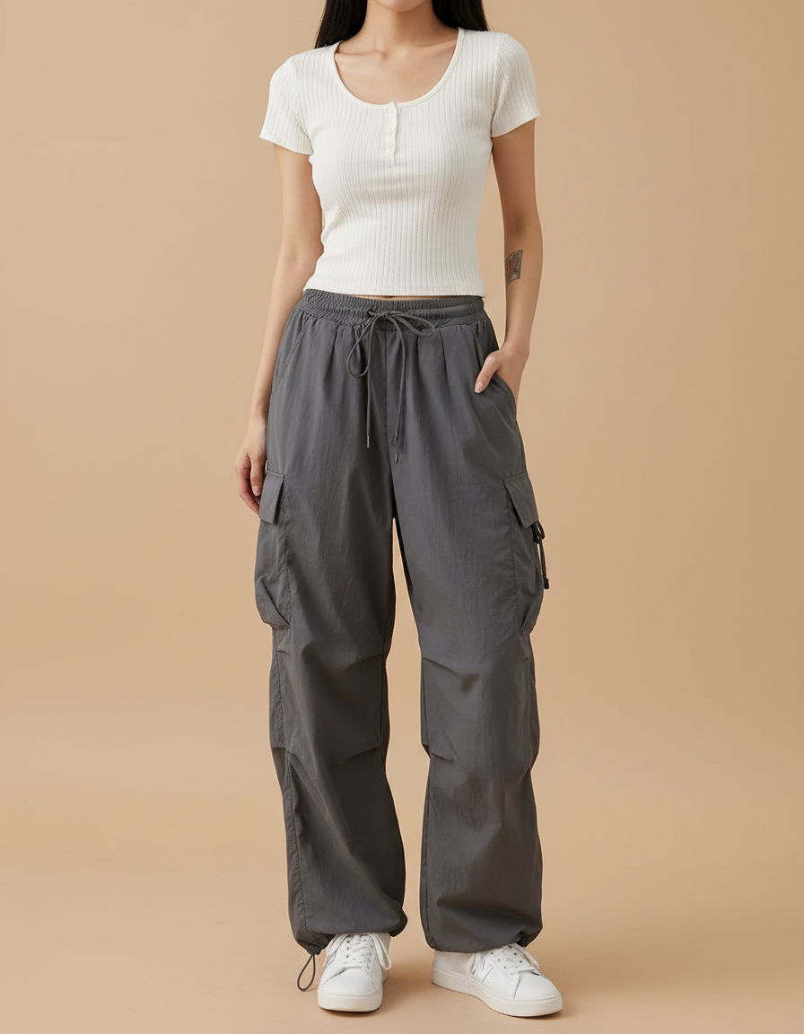 Pantalon Parachute Gris Femme Ample Cargo Streetwear - Polyester
