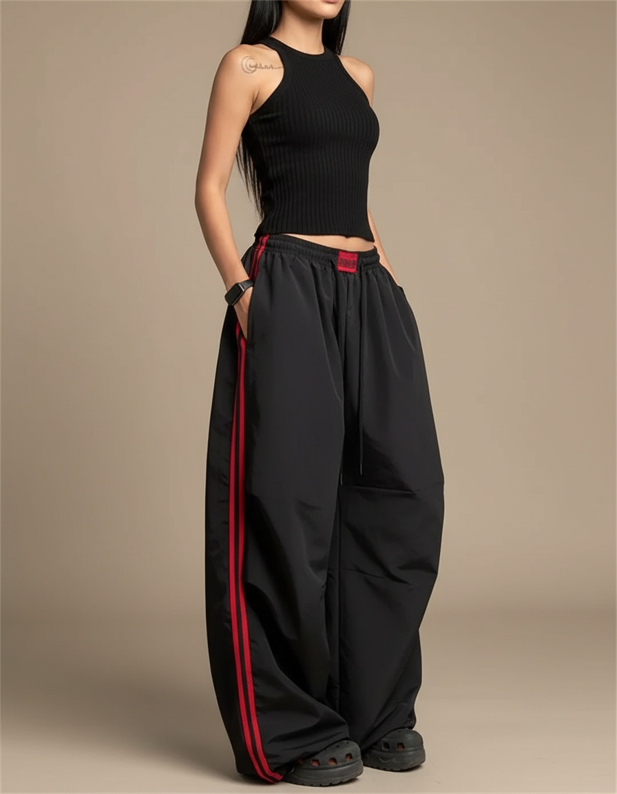 Pantalon Parachute Noir Ample Rayures Rouges - Polyester