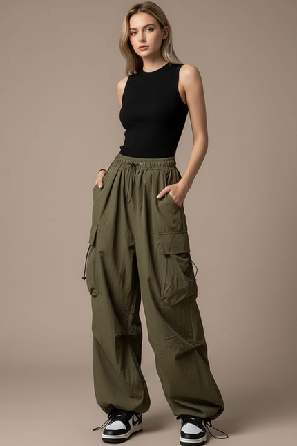 Pantalon Parachute Kaki Ample Cargo Cordon Streetwear - Polyester
