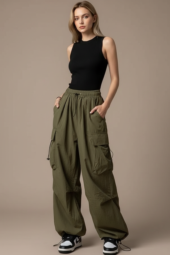 Pantalon Parachute Kaki Ample Cargo Cordon Streetwear - Polyester