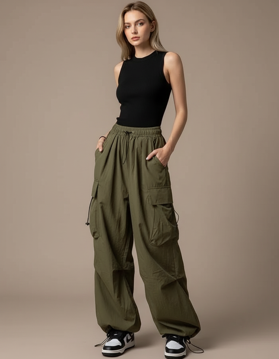 Pantalon Parachute Kaki Ample Cargo Cordon Streetwear - Polyester