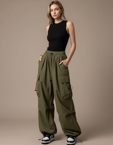 Pantalon Parachute Kaki Ample Cargo Cordon Streetwear - Polyester