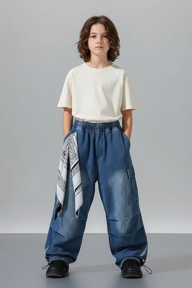 Pantalon Parachute Denim Bleu Délavé Cargo Enfant - Jean