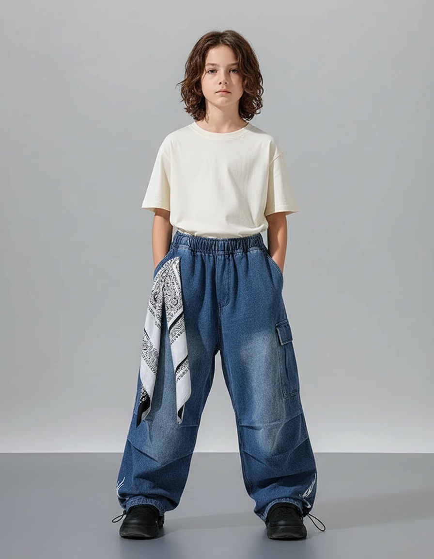 Pantalon Parachute Denim Bleu Délavé Cargo Enfant - Jean