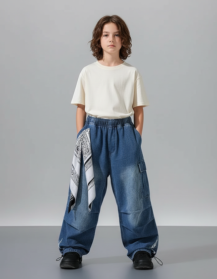 Pantalon Parachute Denim Bleu Délavé Cargo Enfant - Jean