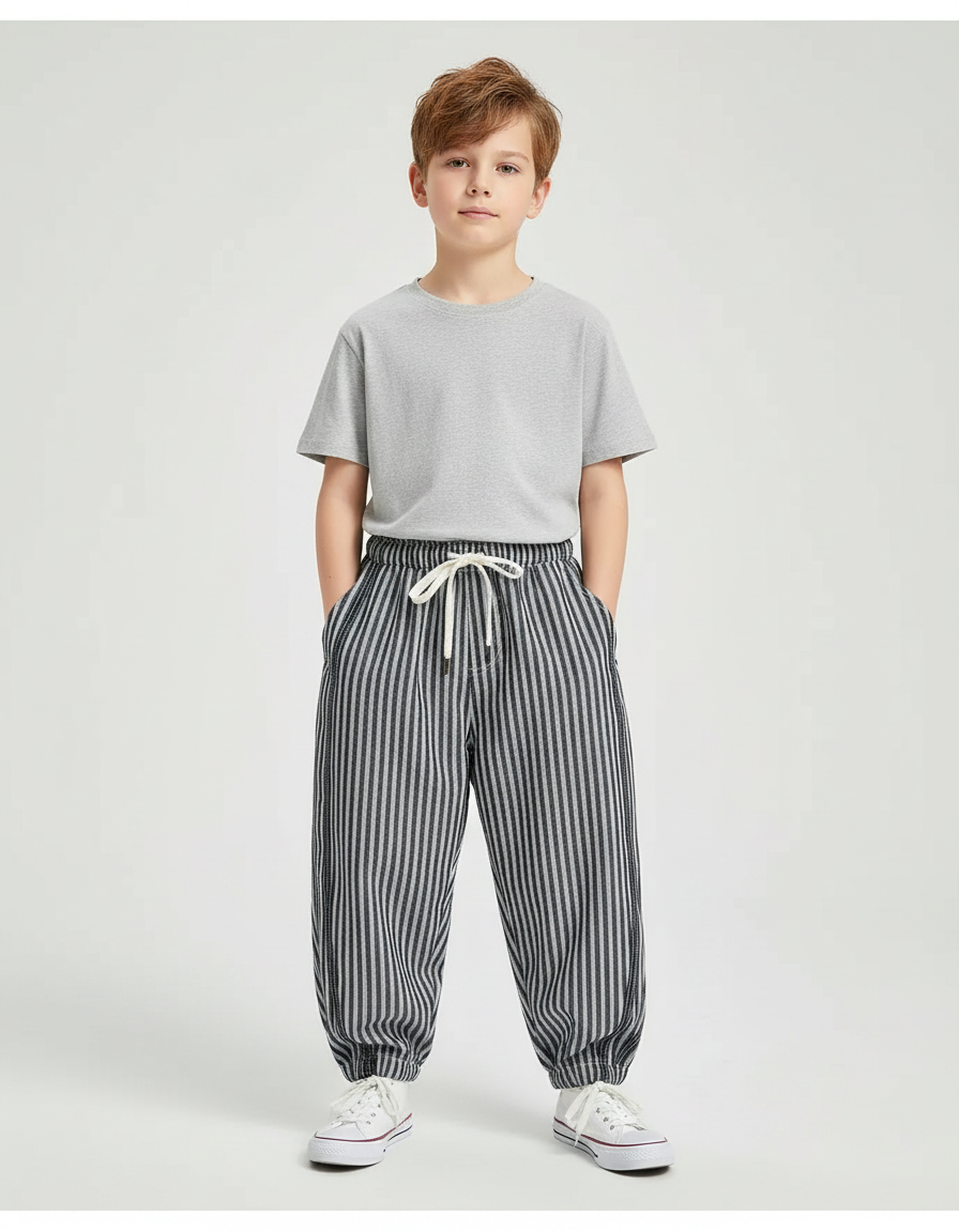 Pantalon Parachute Rayé Ample Décontracté Garçon Coton - Multicolore