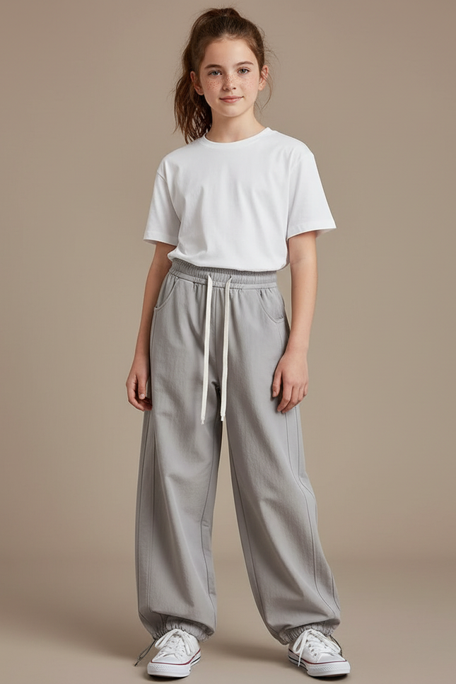 Pantalon Parachute Fille Gris Resserré Aux Chevilles Nylon - Toile