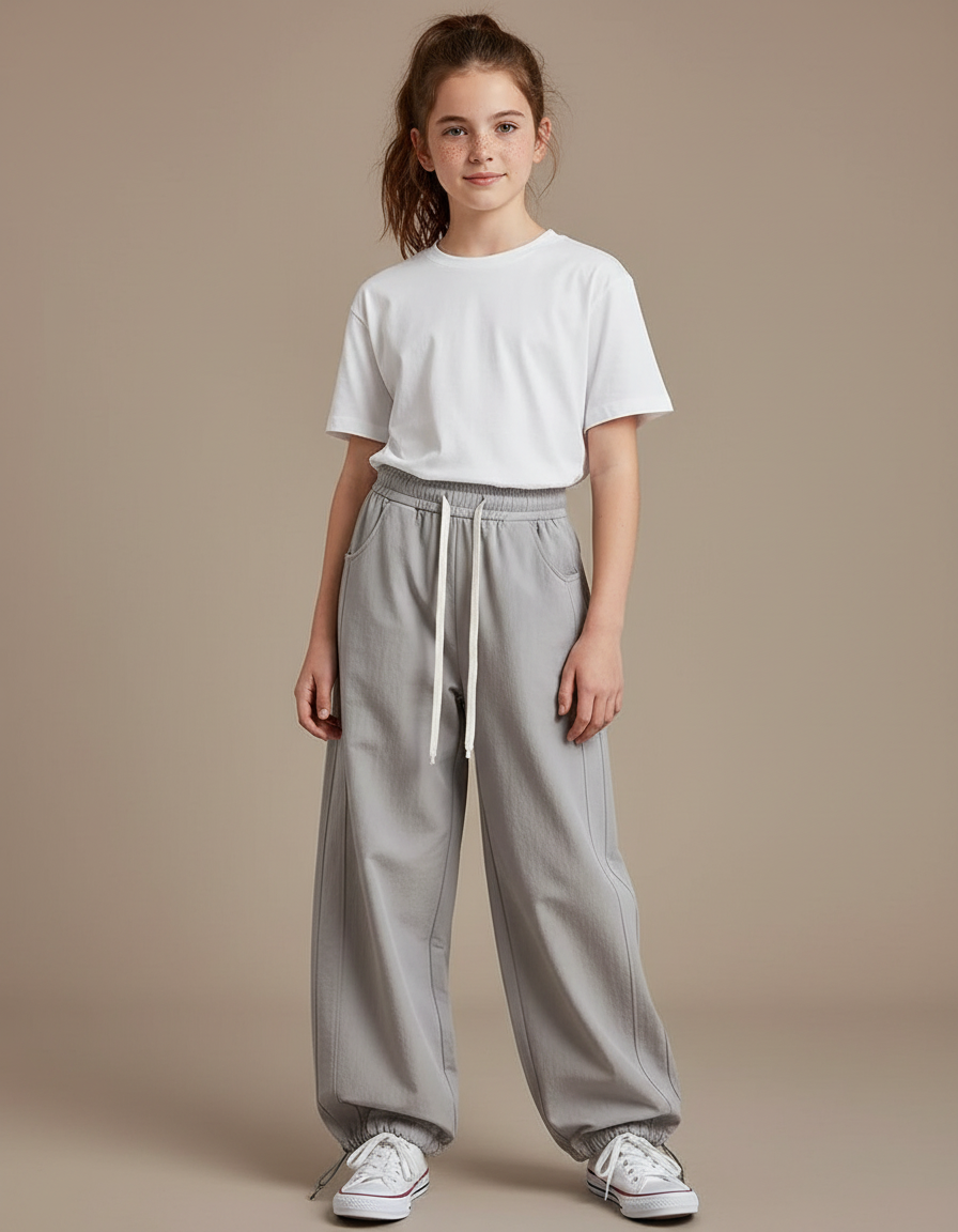 Pantalon Parachute Fille Gris Resserré Aux Chevilles Nylon - Toile